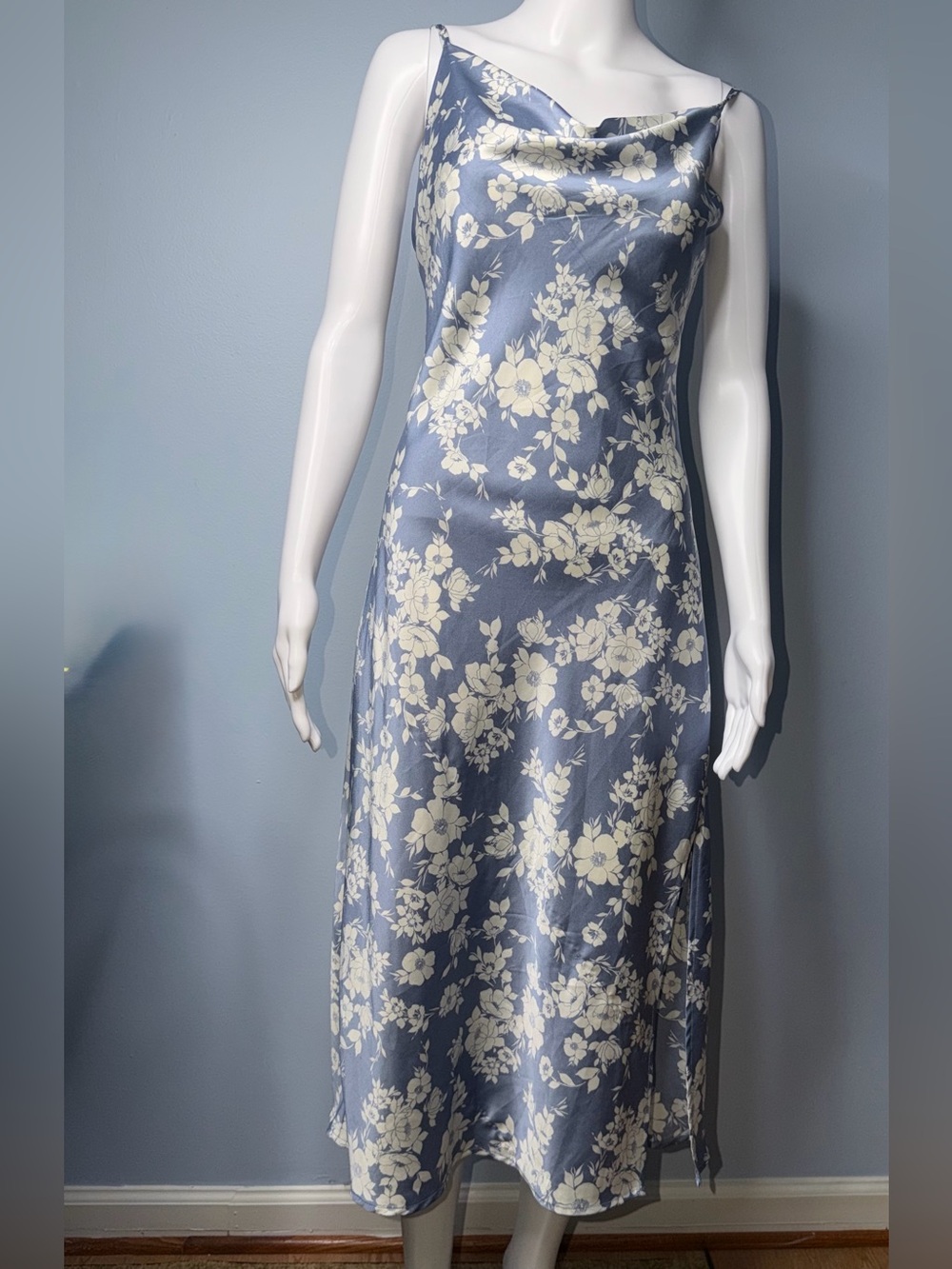 Inspired Hearts Blue and Cream Floral Asymmetrical Slip Dress